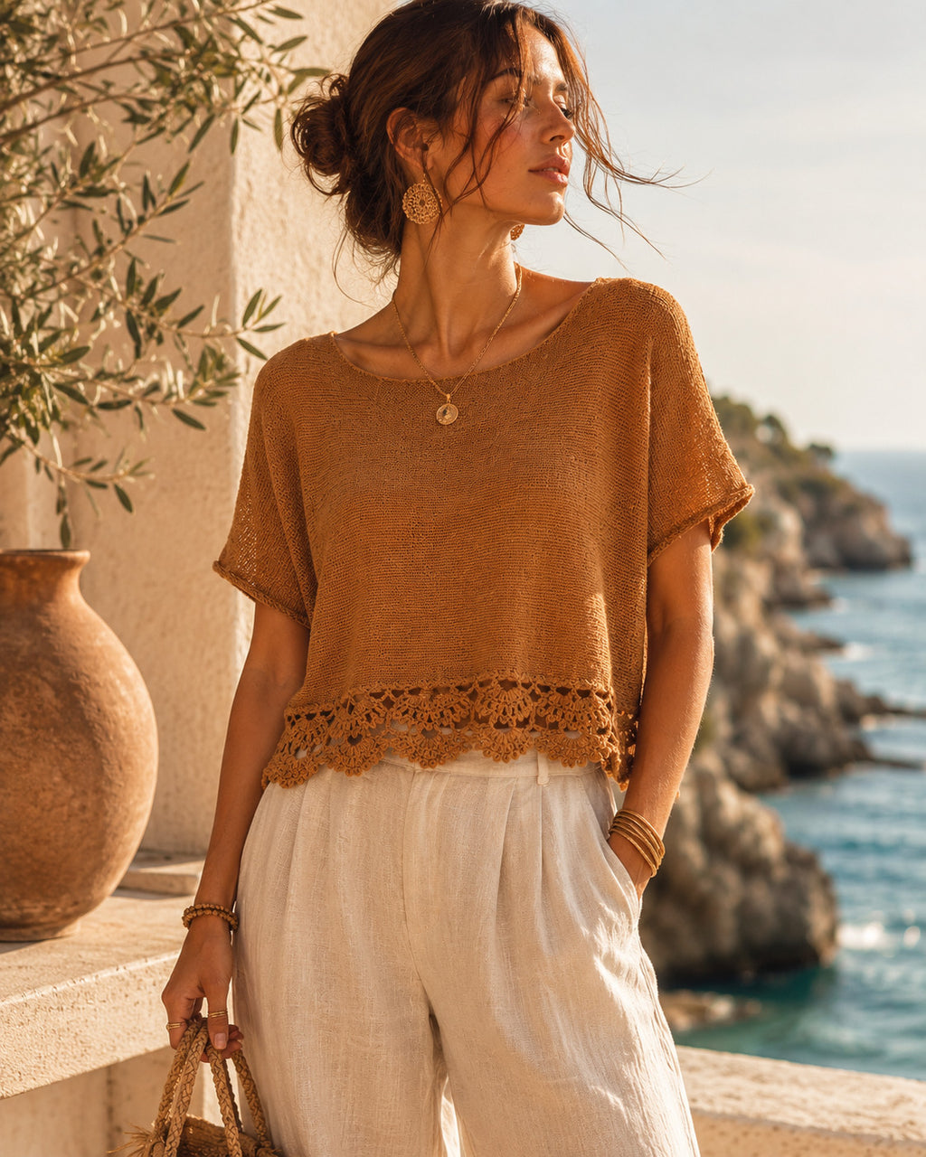 Muy Padre Argentina 100% Mohair Top Crochet trim Round Neck Blouse Fit Size M